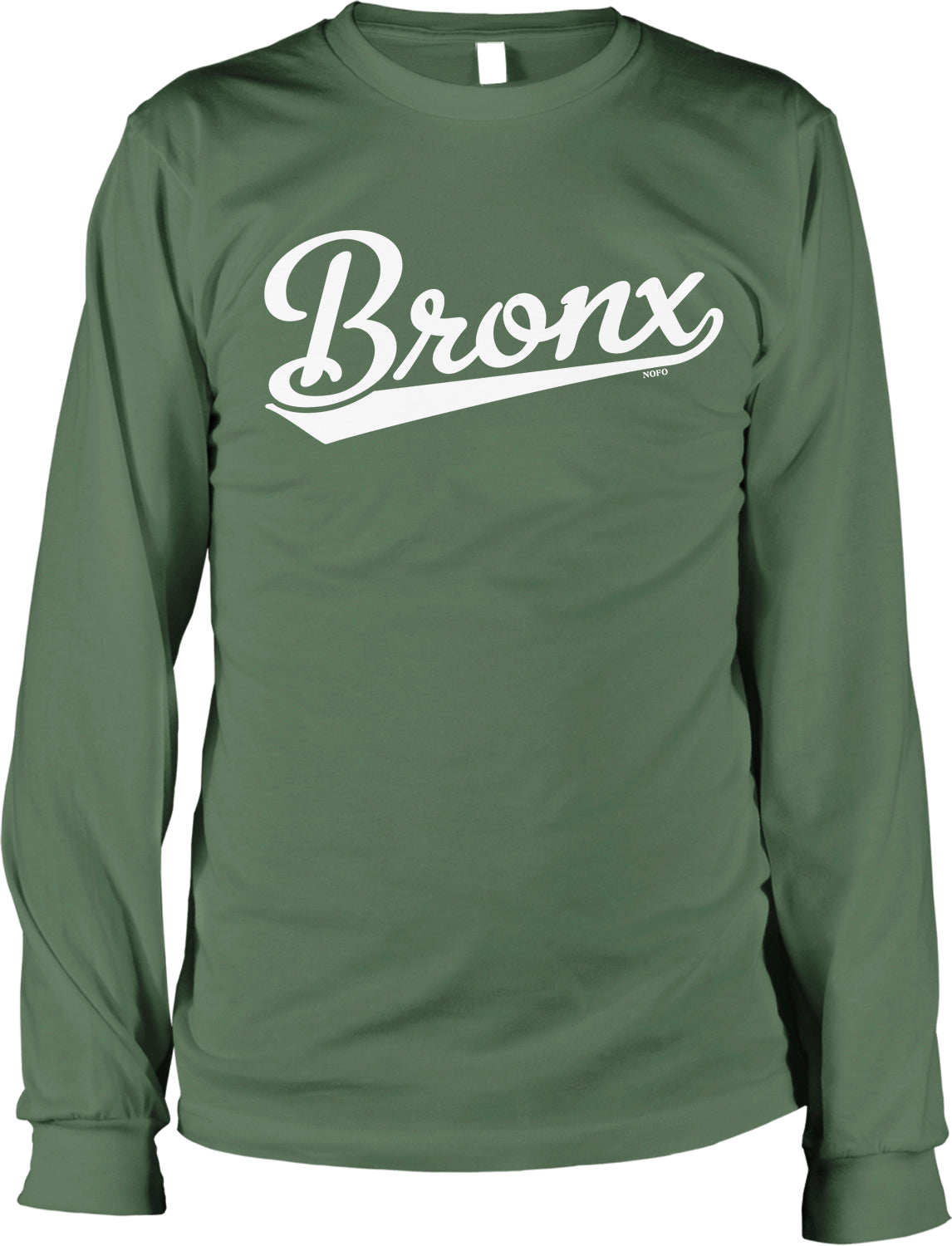A green long-sleeved shirt with the word "Bronx" printed in white text across the front.