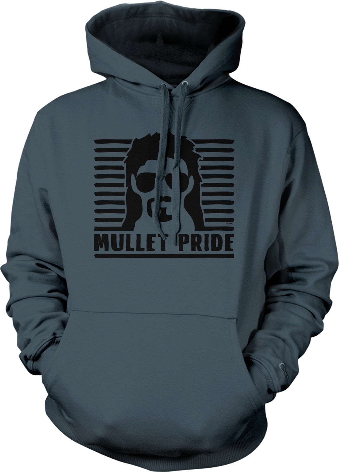 A gray hoodie with a graphic design featuring a stylized face wearing sunglasses and the text "Mullet Pride" printed on it.