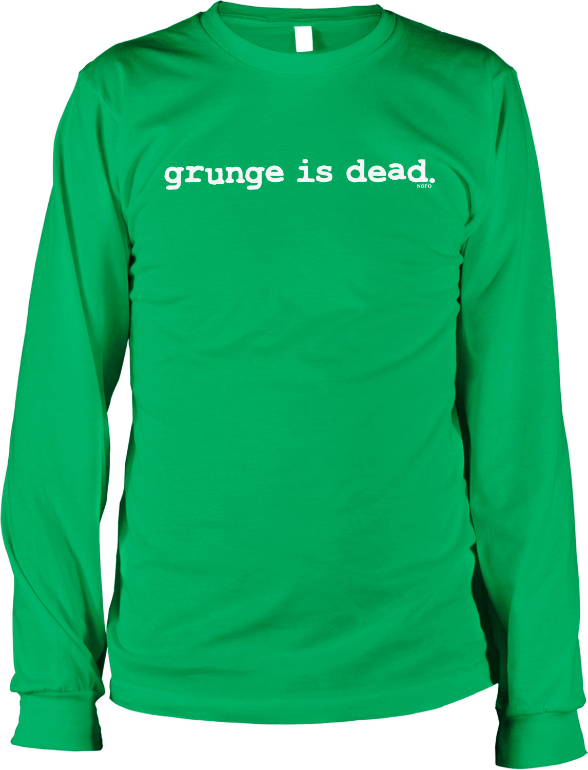 A bright green long-sleeved shirt with the text "grune is dead" printed on it.