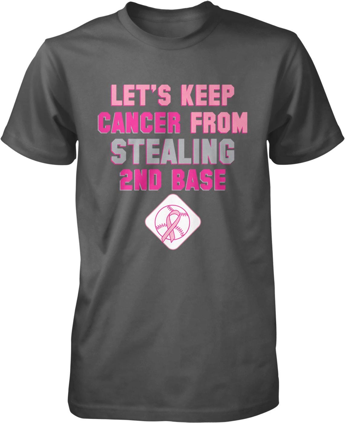 The image is a gray t-shirt with pink text and a pink baseball symbol.