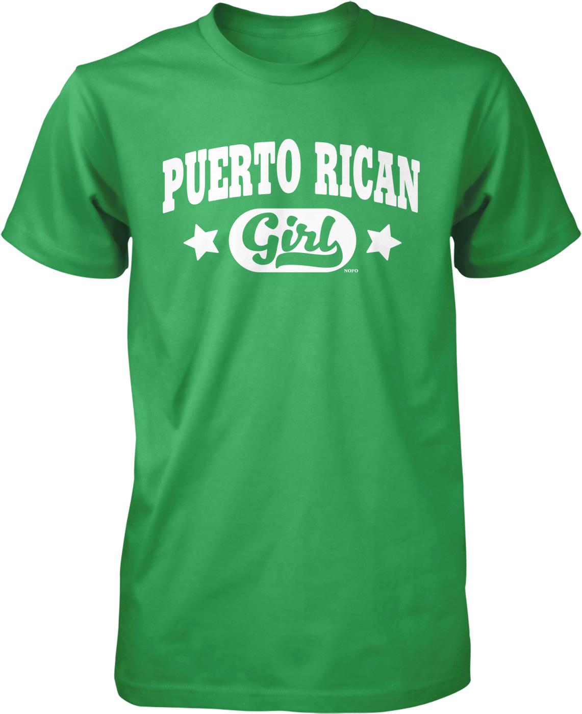A green t-shirt with white text that says "PUERTO RICAN GIRL".