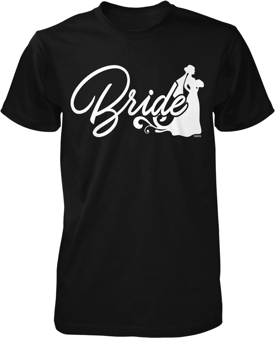 A black t-shirt with the word "Bride" written in white cursive text.