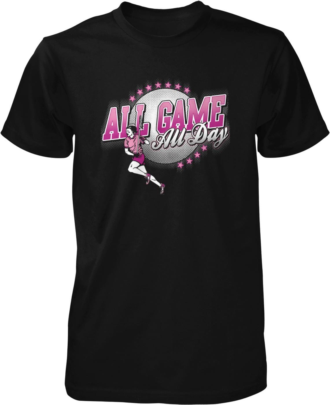 A black t-shirt with a graphic design featuring a woman running and the text "All Game All Day" in pink and white colors.