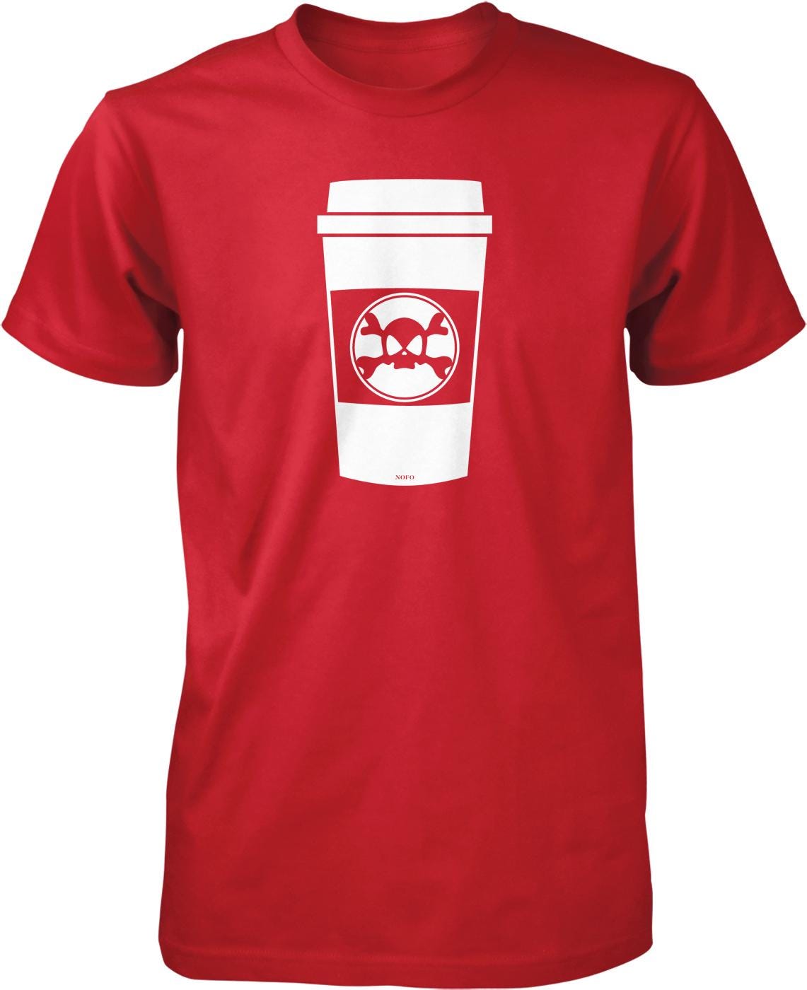 A red t-shirt with a white coffee cup graphic printed on it.
