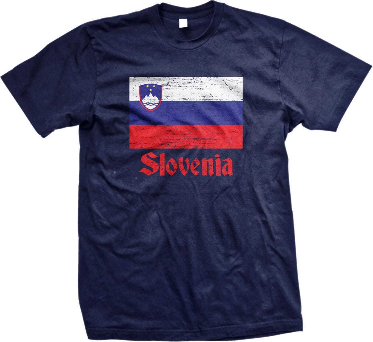 A navy blue t-shirt with the flag of Slovenia printed on it.