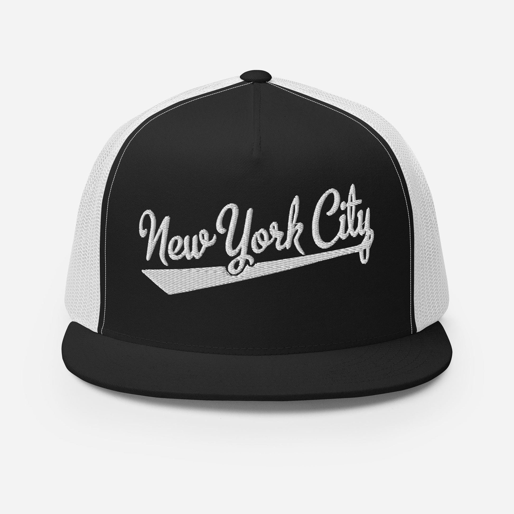 A black and white baseball cap with the text "New York City" embroidered on it.