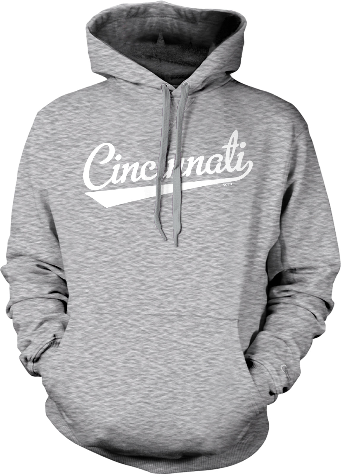 A gray hooded sweatshirt with the word "Cincinnati" printed on it in white text.