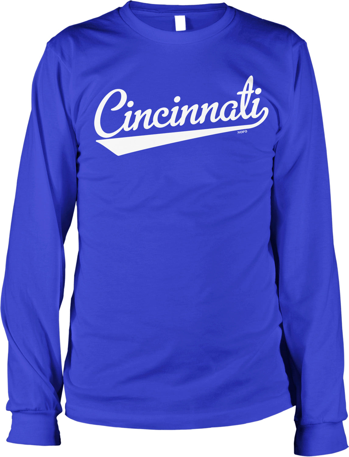 A long-sleeved blue shirt with the word "Cincinnati" printed in white on the front.