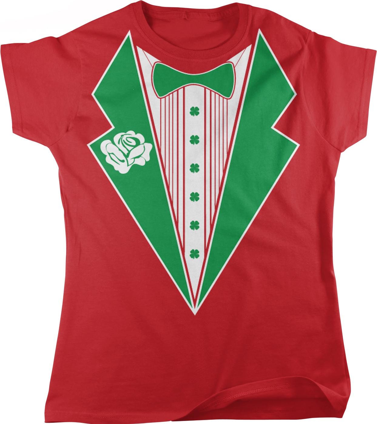 A red t-shirt with a graphic design depicting a green and white tuxedo jacket with a bow tie, a rose, and six clovers.