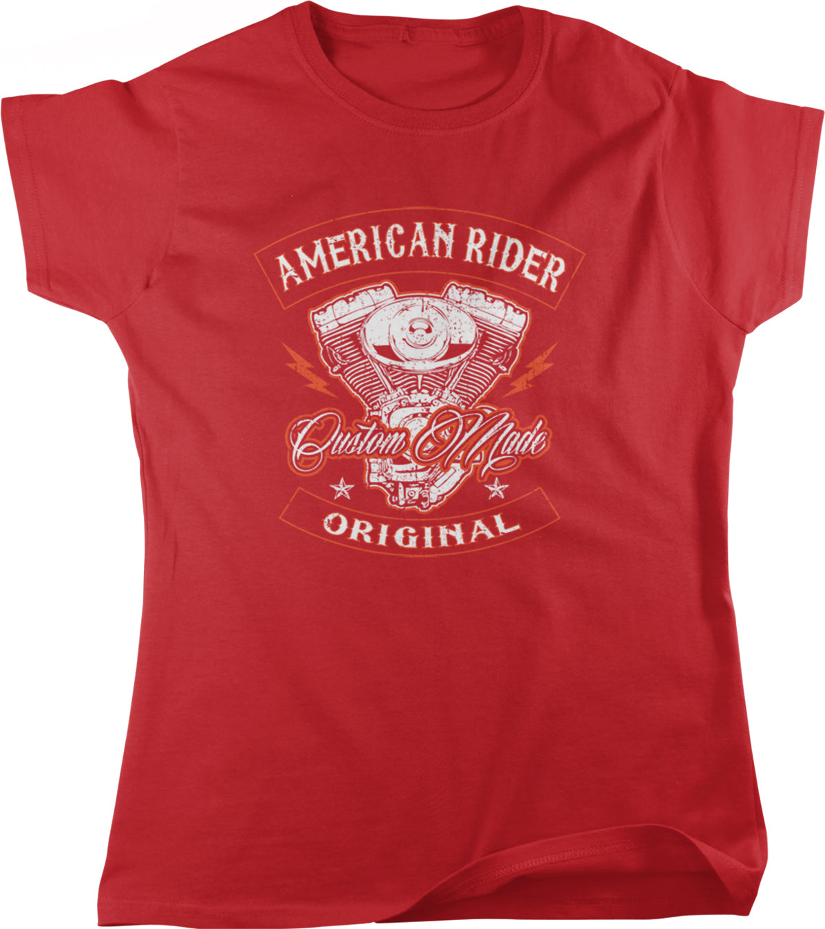 A red t-shirt with a graphic design featuring a motorcycle engine and the text "American Rider Custom Made Original".