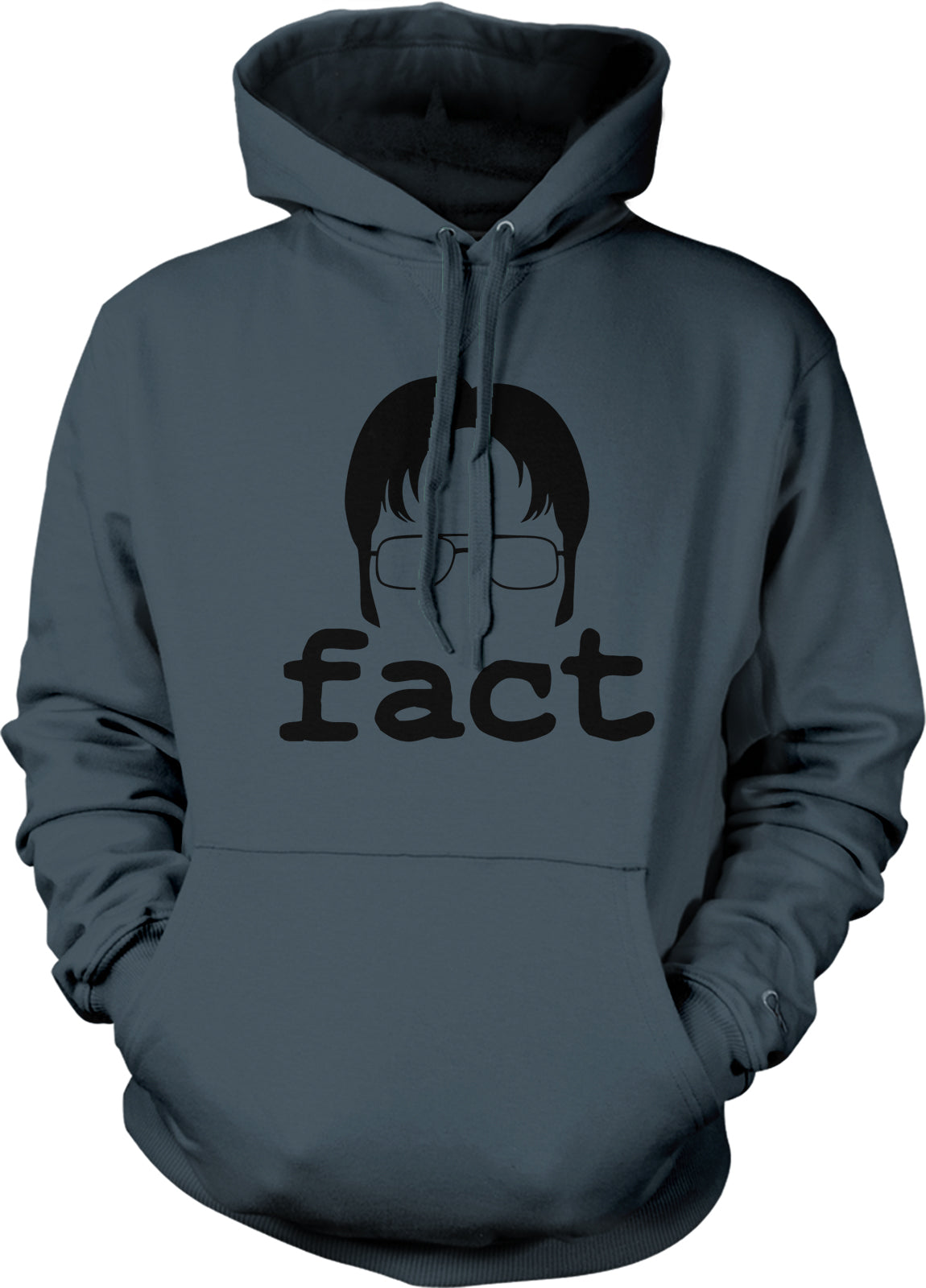 A gray hoodie with a graphic design featuring a stylized face wearing glasses and the word "fact" printed below it.