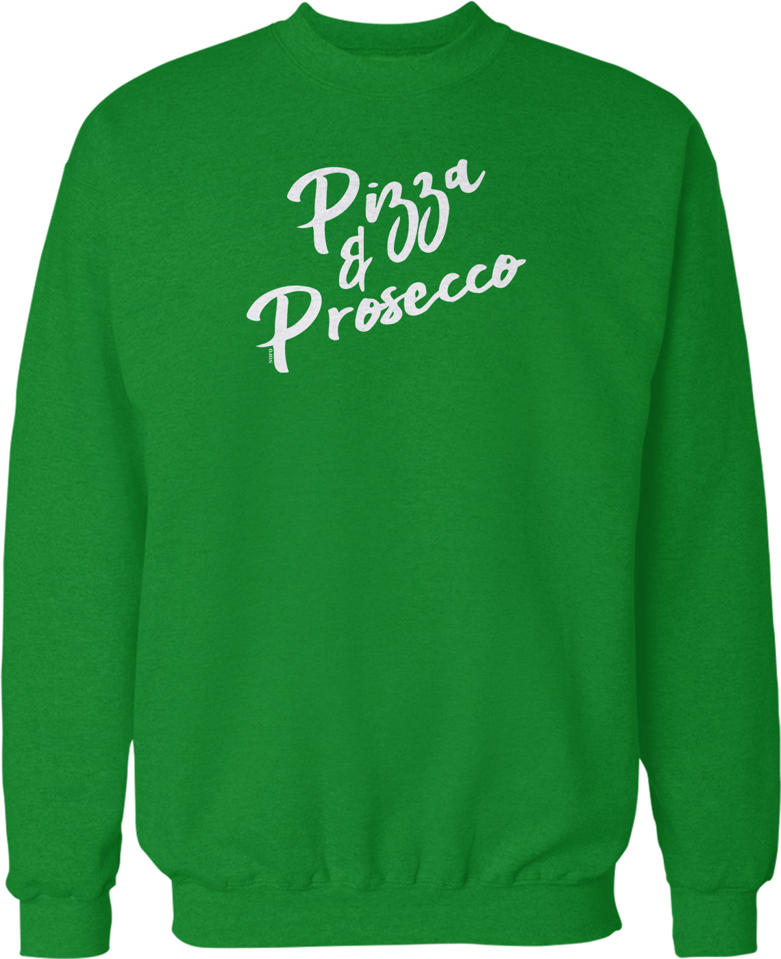 A bright green sweatshirt with white text printed on it.