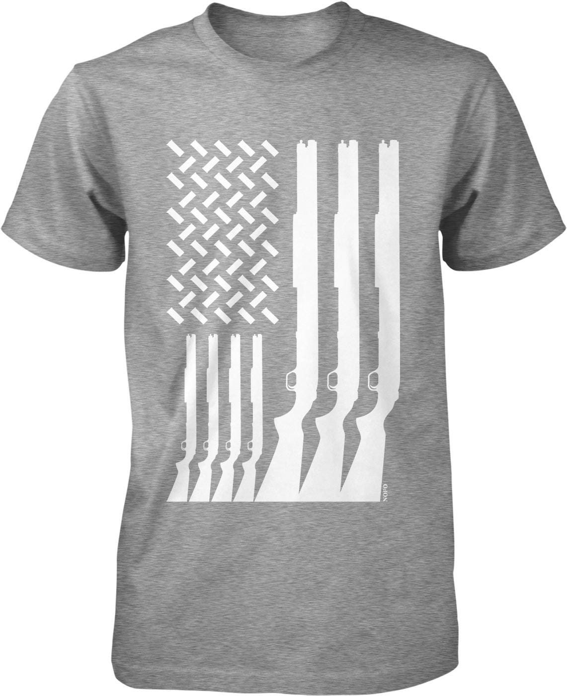 A gray t-shirt with a graphic design depicting a flag and multiple rifle silhouettes arranged in a repeating pattern.