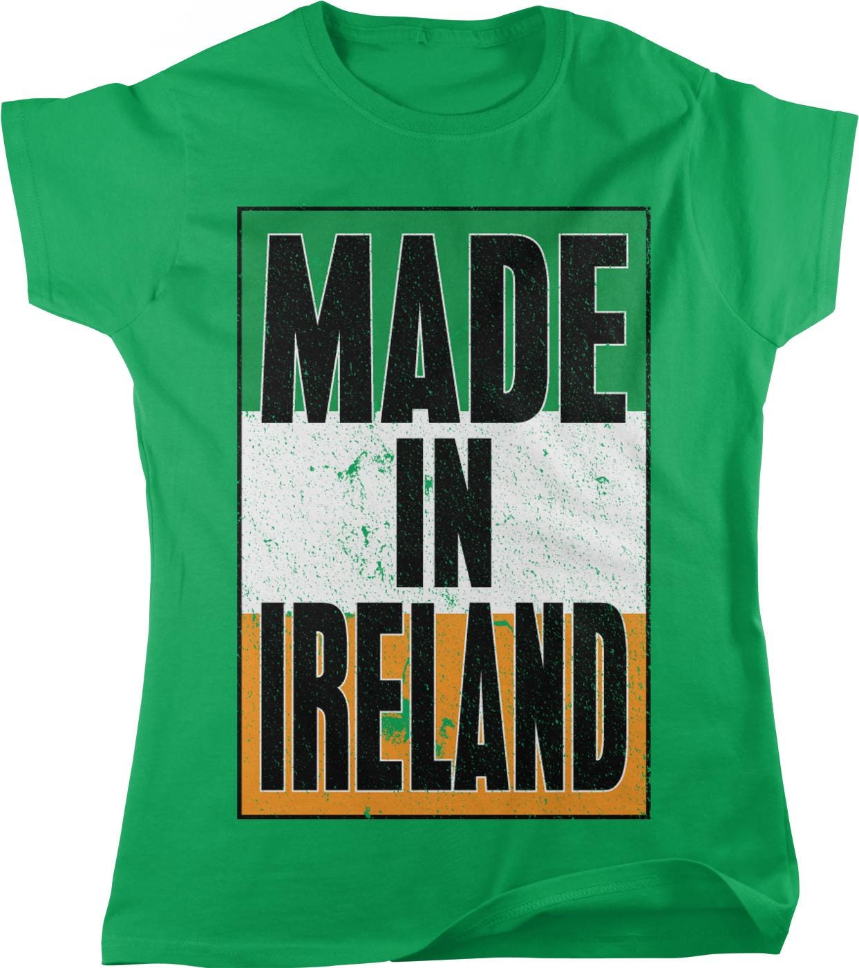 A green t-shirt with the text "MADE IN IRELAND" printed on it.