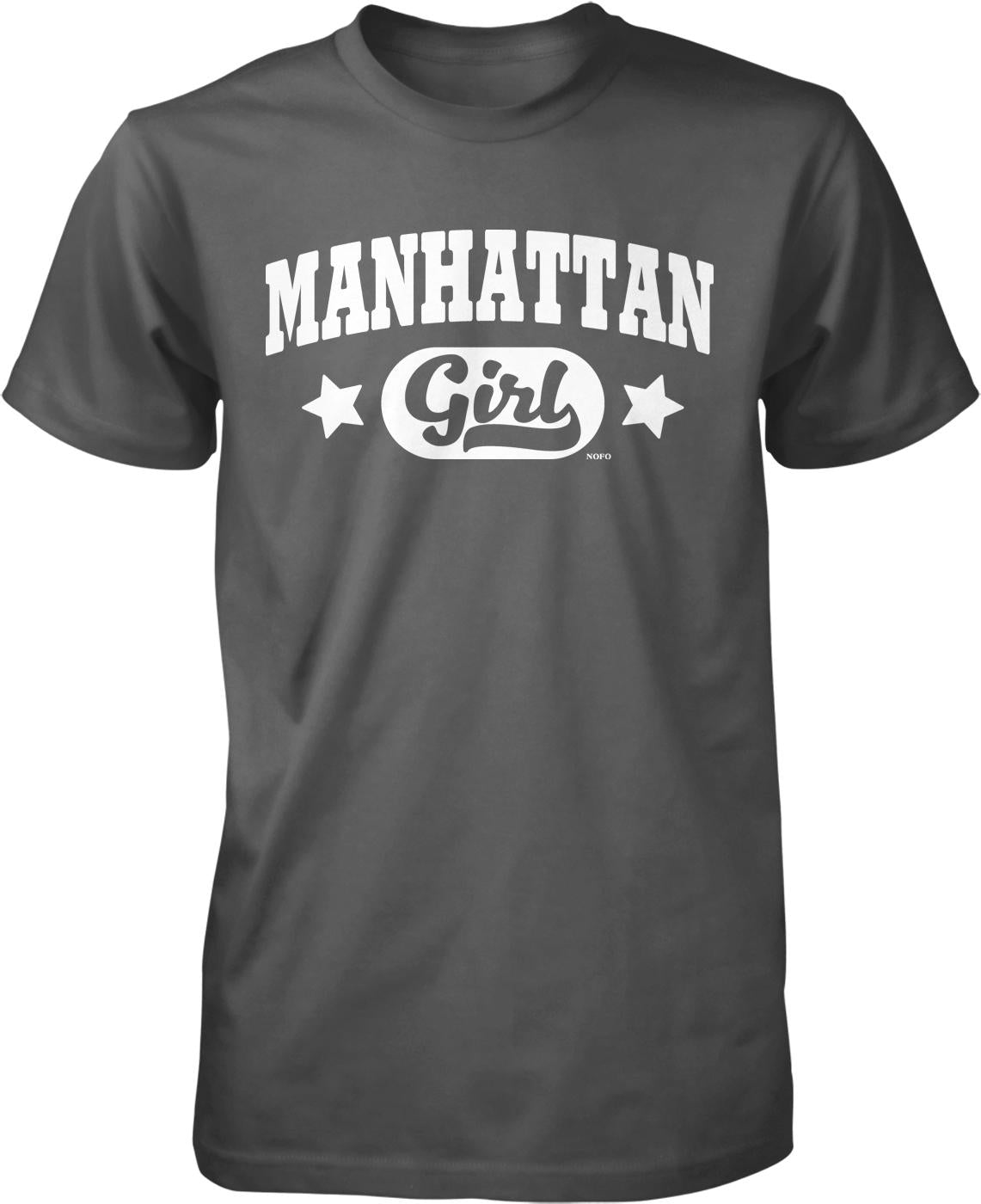 A gray t-shirt with the text "MANHATTAN Girl" printed on it in white letters.