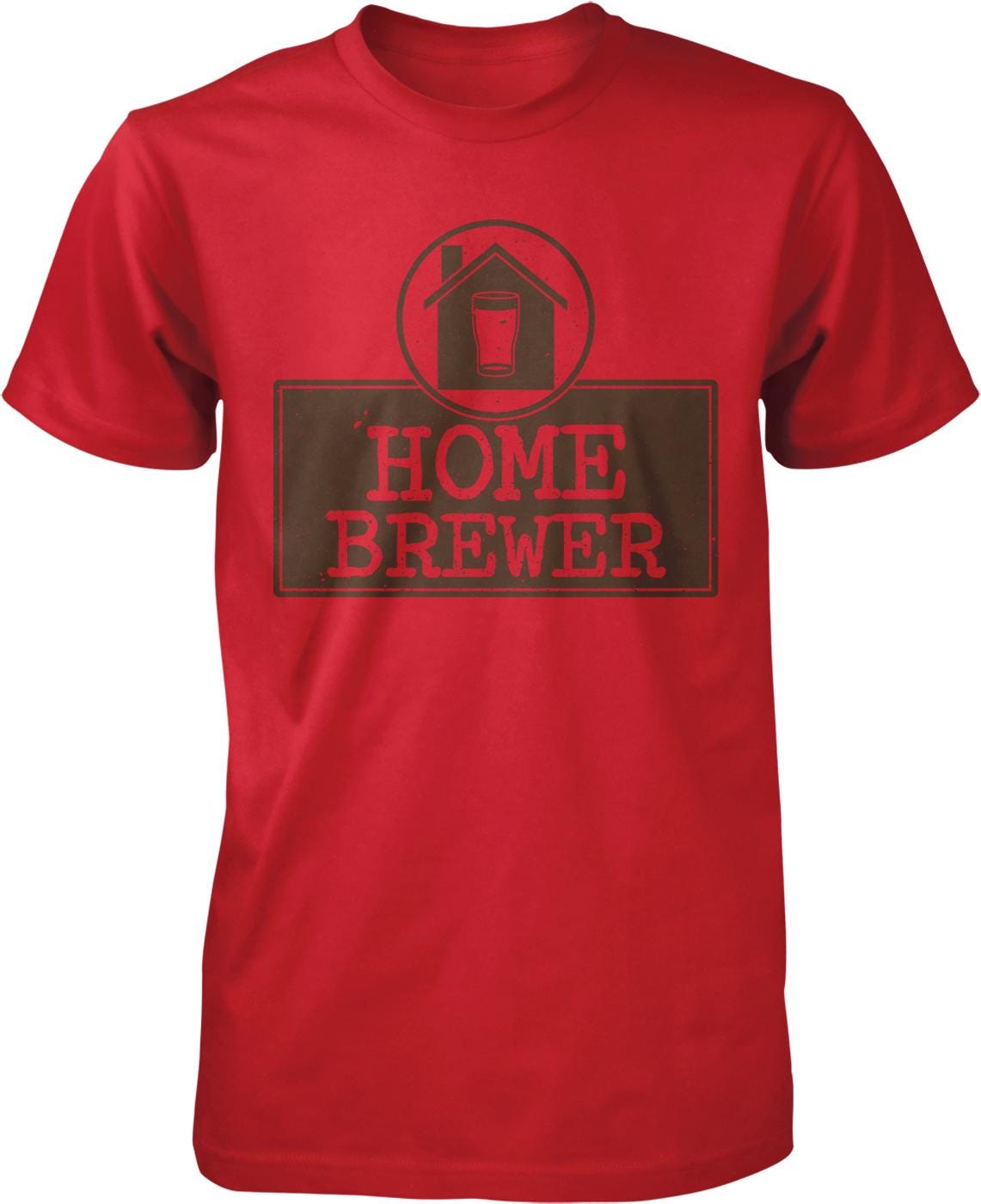 A red t-shirt with a graphic design that says "HOME BREWER" and features a house and a glass of beer.