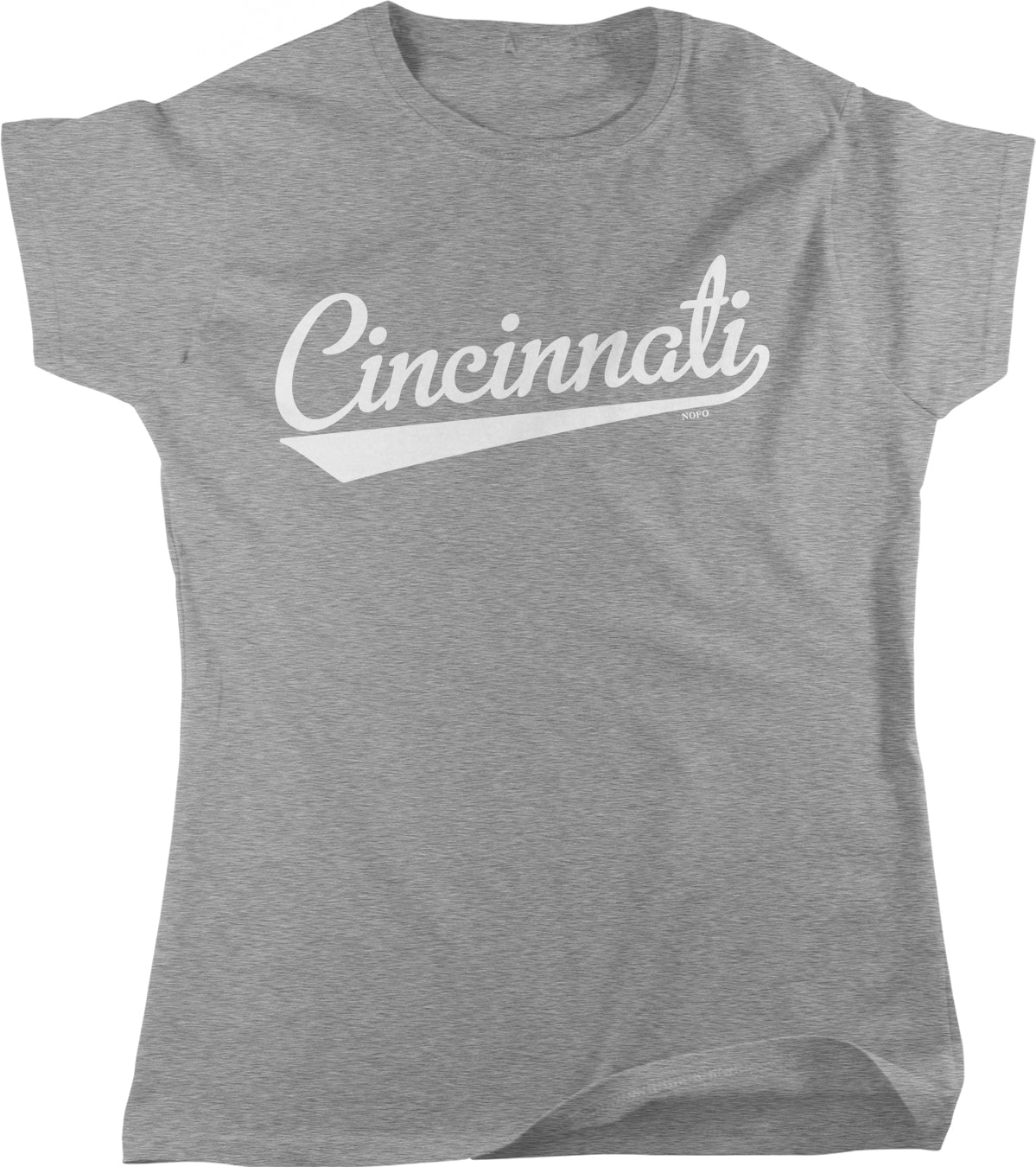 A gray t-shirt with the word "Cincinnati" printed on it in a cursive font.