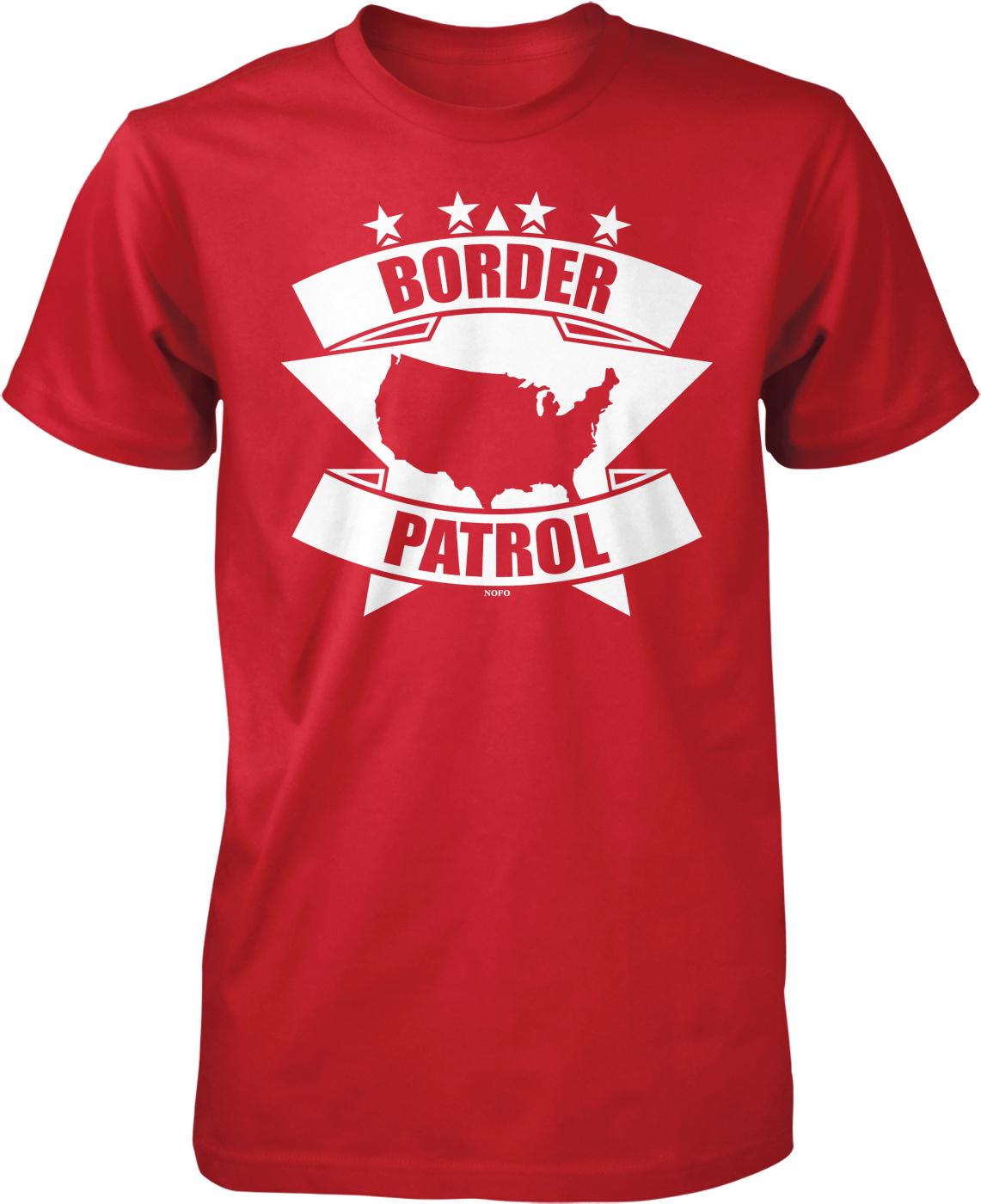 A red t-shirt with a graphic design featuring a silhouette of the United States and the text "BORDER PATROL" along with a star symbol.