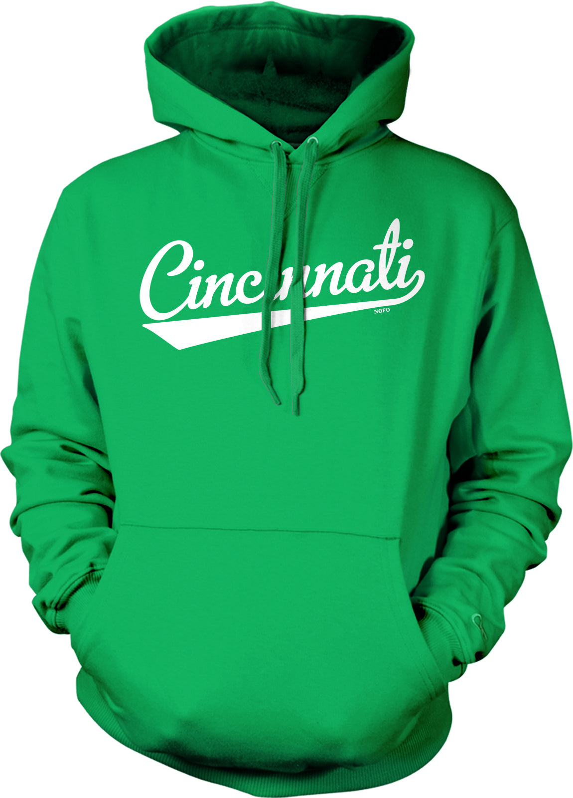 A bright green hoodie with the word "CINCINNATI" printed on it in white text.