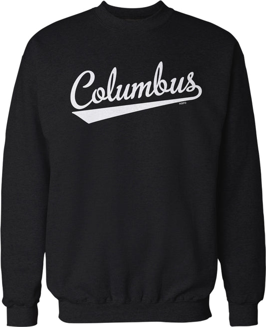 A black sweatshirt with the word "Columbus" printed in white text across the front.