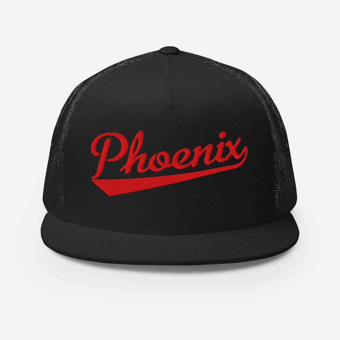 A black baseball cap with the word "Phoenix" printed in red on it.