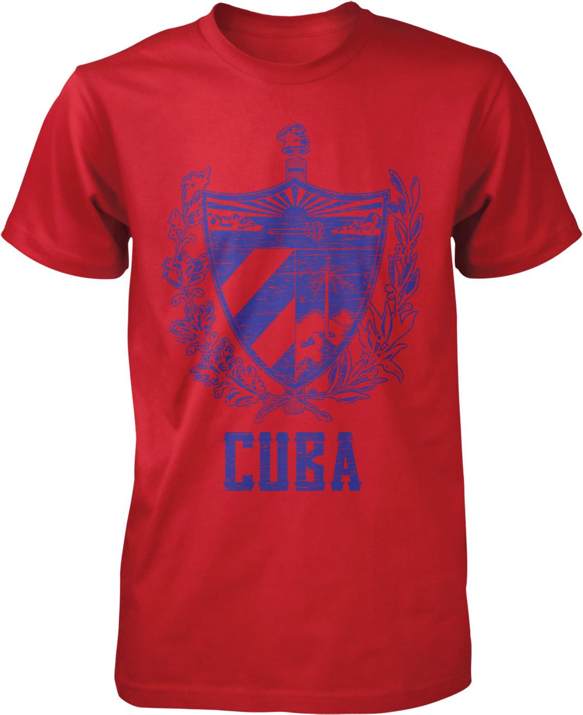 A red t-shirt with a blue graphic design depicting a shield with a sword and laurel wreath, along with the word "CUBA" printed below.