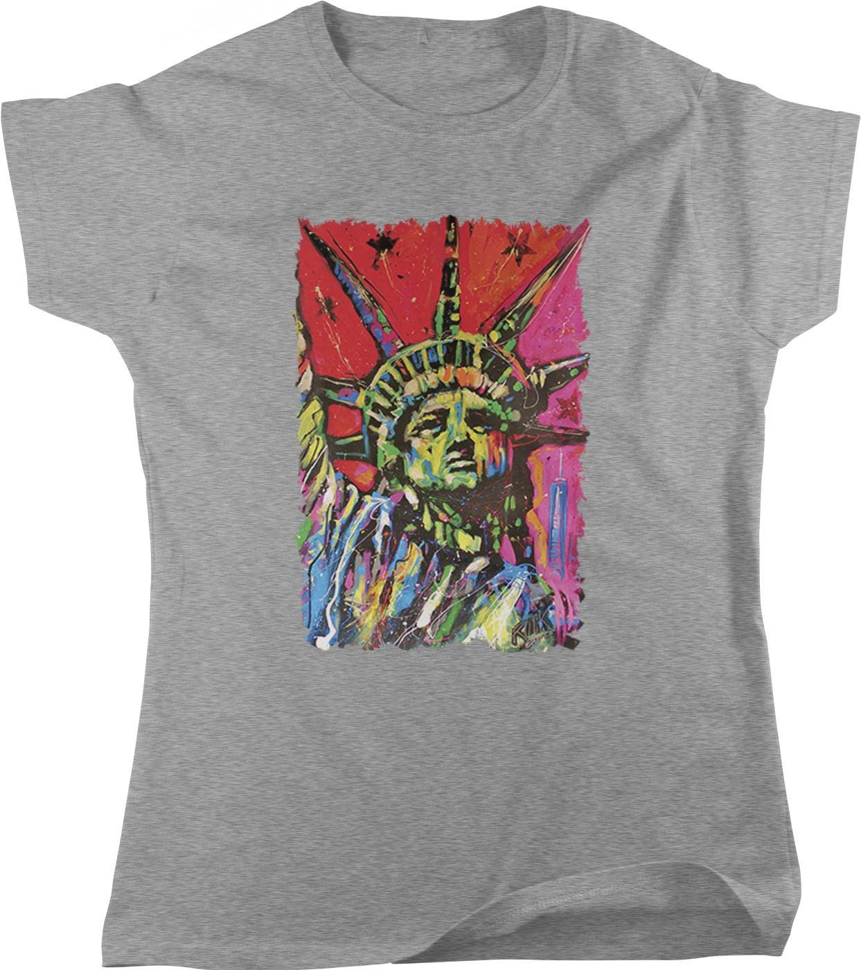 A gray t-shirt with a colorful, abstract painting of the Statue of Liberty printed on it.