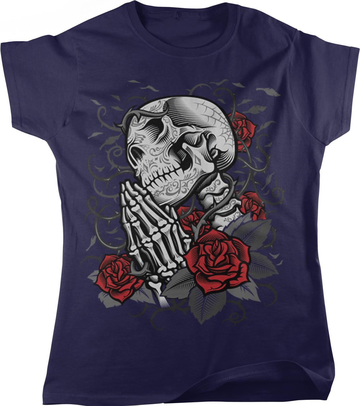 A graphic t-shirt design featuring a skull with a praying hand, surrounded by red roses and leaves.
