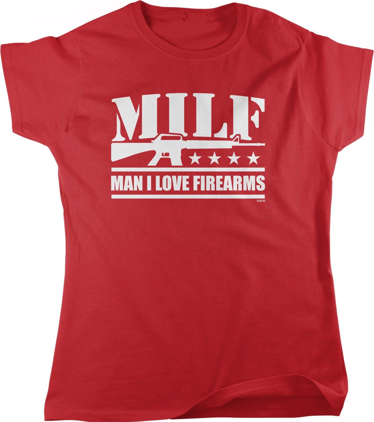 A red t-shirt with the text "MILF MAN I LOVE FIREARMS" printed on it.