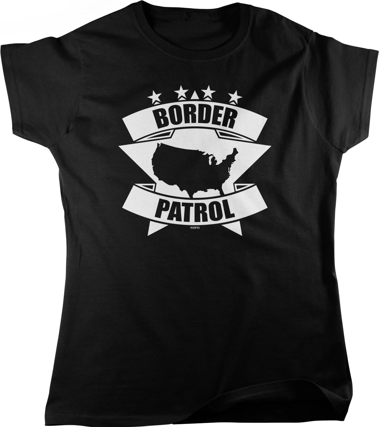 A black t-shirt with a graphic design featuring a silhouette of the United States and the text "BORDER PATROL" along with five stars.