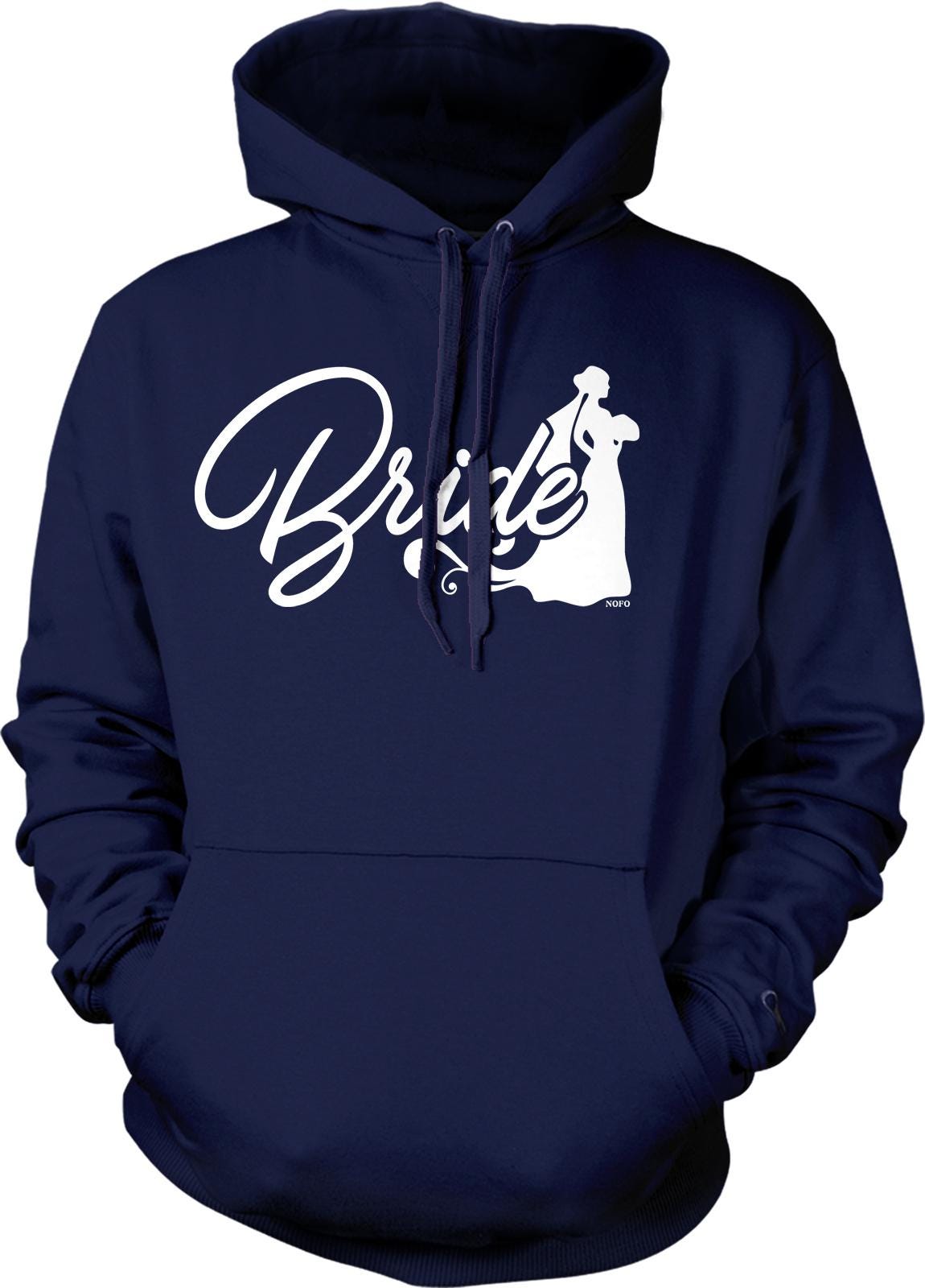 A navy blue hoodie with a white graphic design on the front, depicting a bride and groom silhouette.