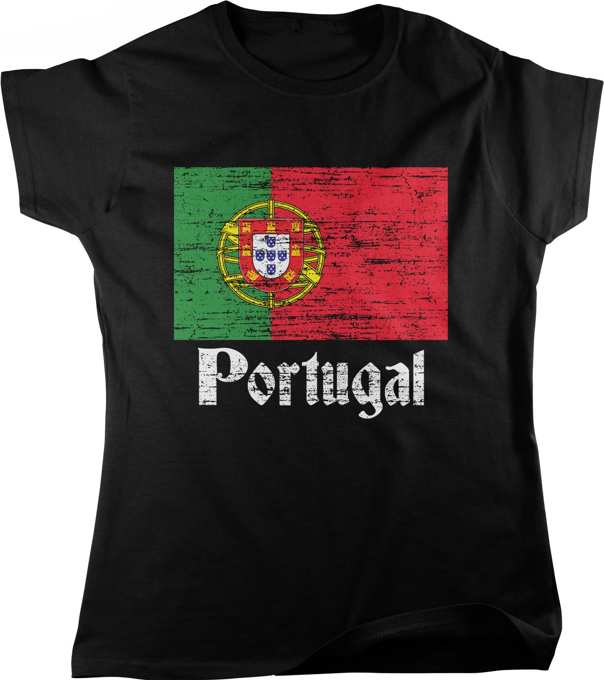 A black t-shirt with the word "Portugal" printed on it, along with the flag of Portugal.