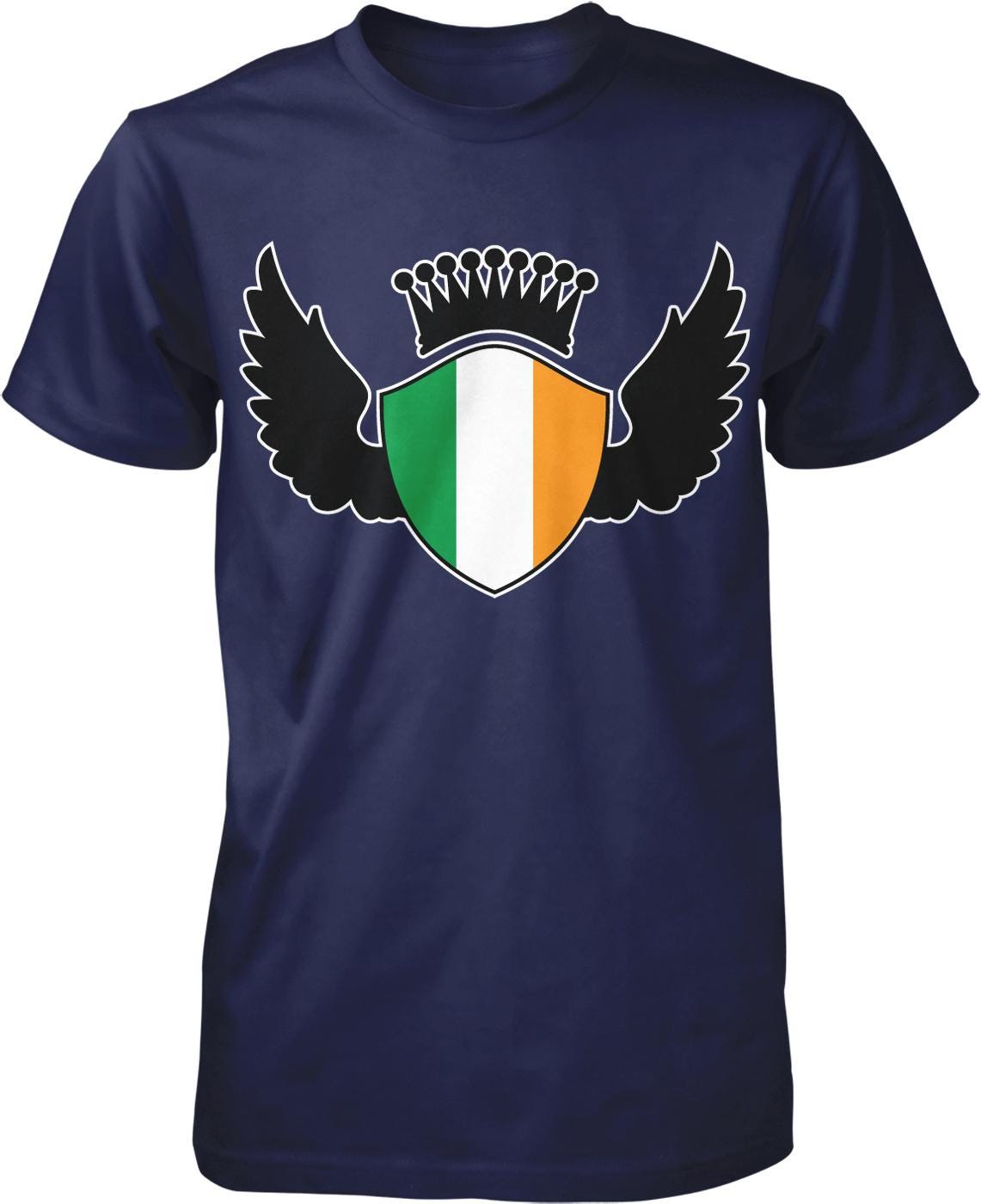 A navy blue t-shirt with a graphic design featuring a shield with a green, white, and orange border, and a crown with wings on either side.