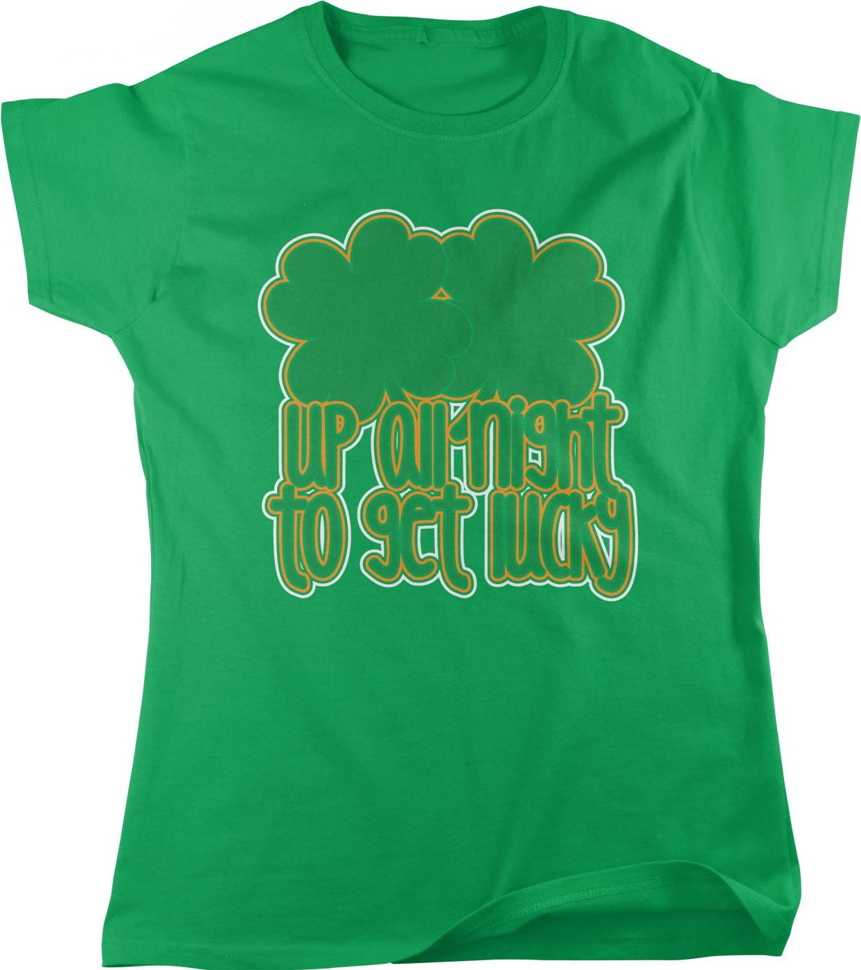 A green t-shirt with a graphic design featuring a cloud-like shape and the text &quot;UP ON NIGHT TO GET LUCKY&quot; printed on it.