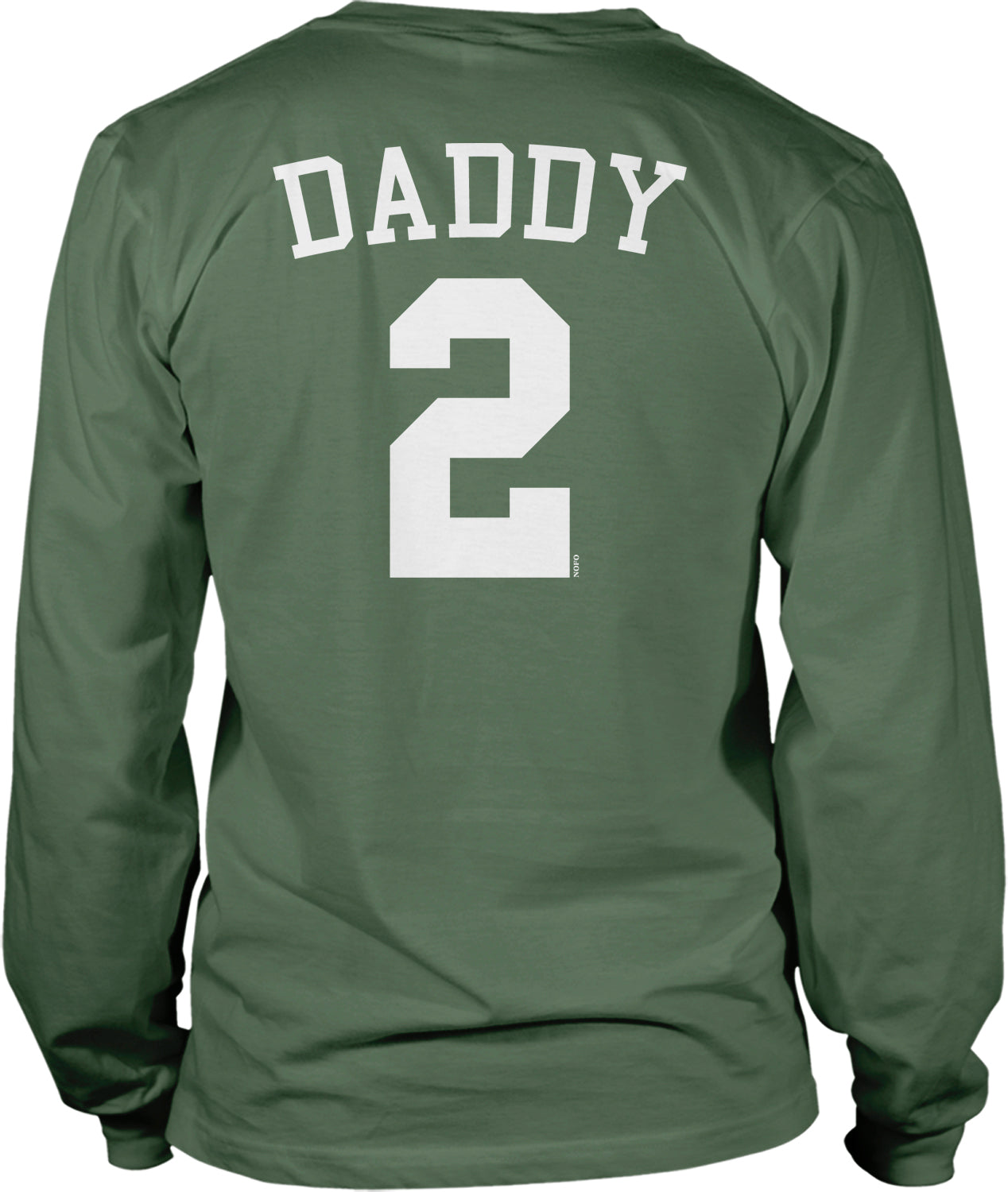 A green long-sleeved t-shirt with the text "DADY 2" printed on the back.