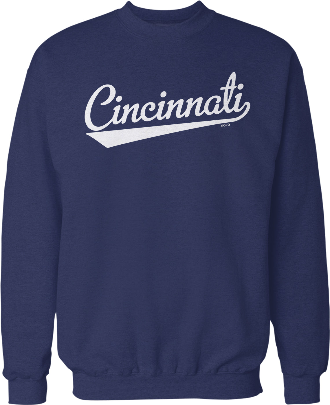 A navy blue sweatshirt with the word "Cincinnati" printed in white on the front.