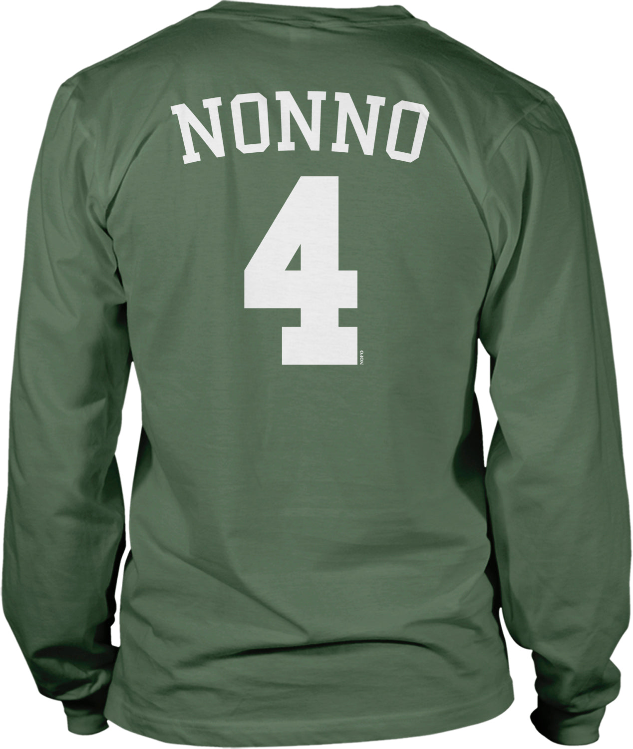 A green long-sleeved t-shirt with the name "NONNO" and the number "4" printed on the back.