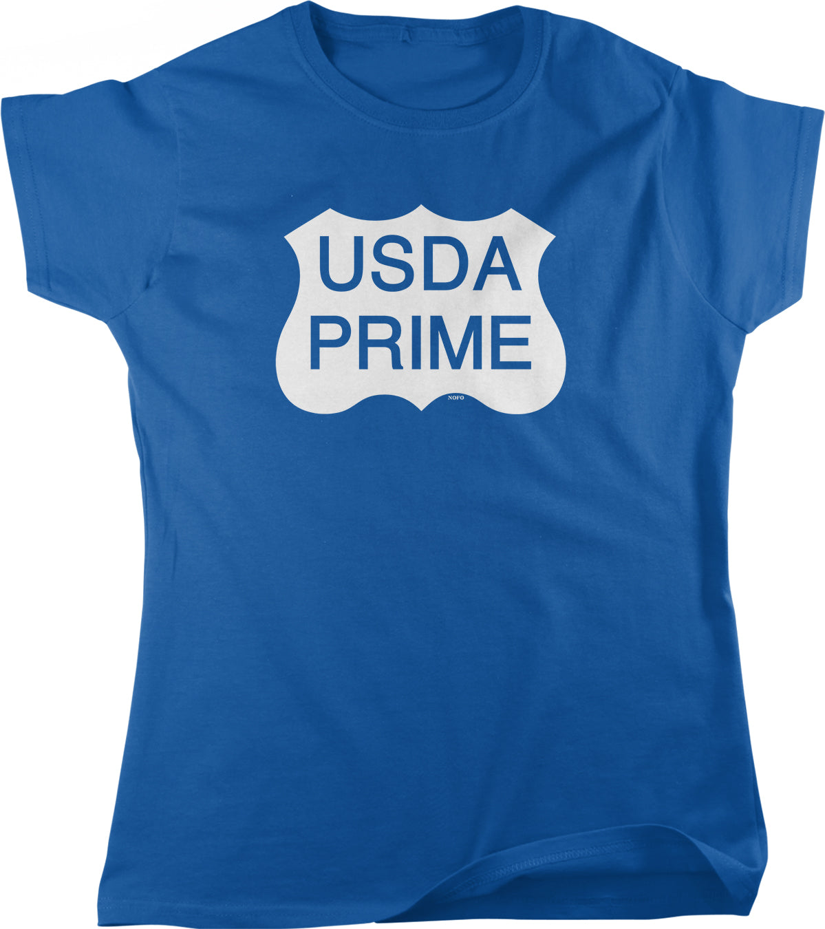 A blue t-shirt with the text "USDA PRIME" printed on it.