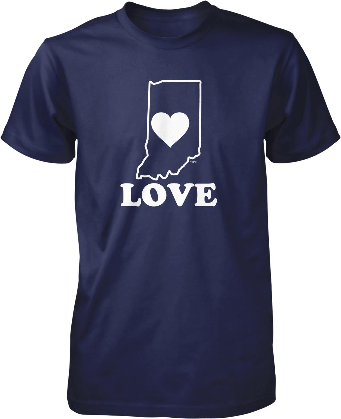 A navy blue t-shirt with a white graphic design that includes a heart symbol and the word "LOVE" written below it.