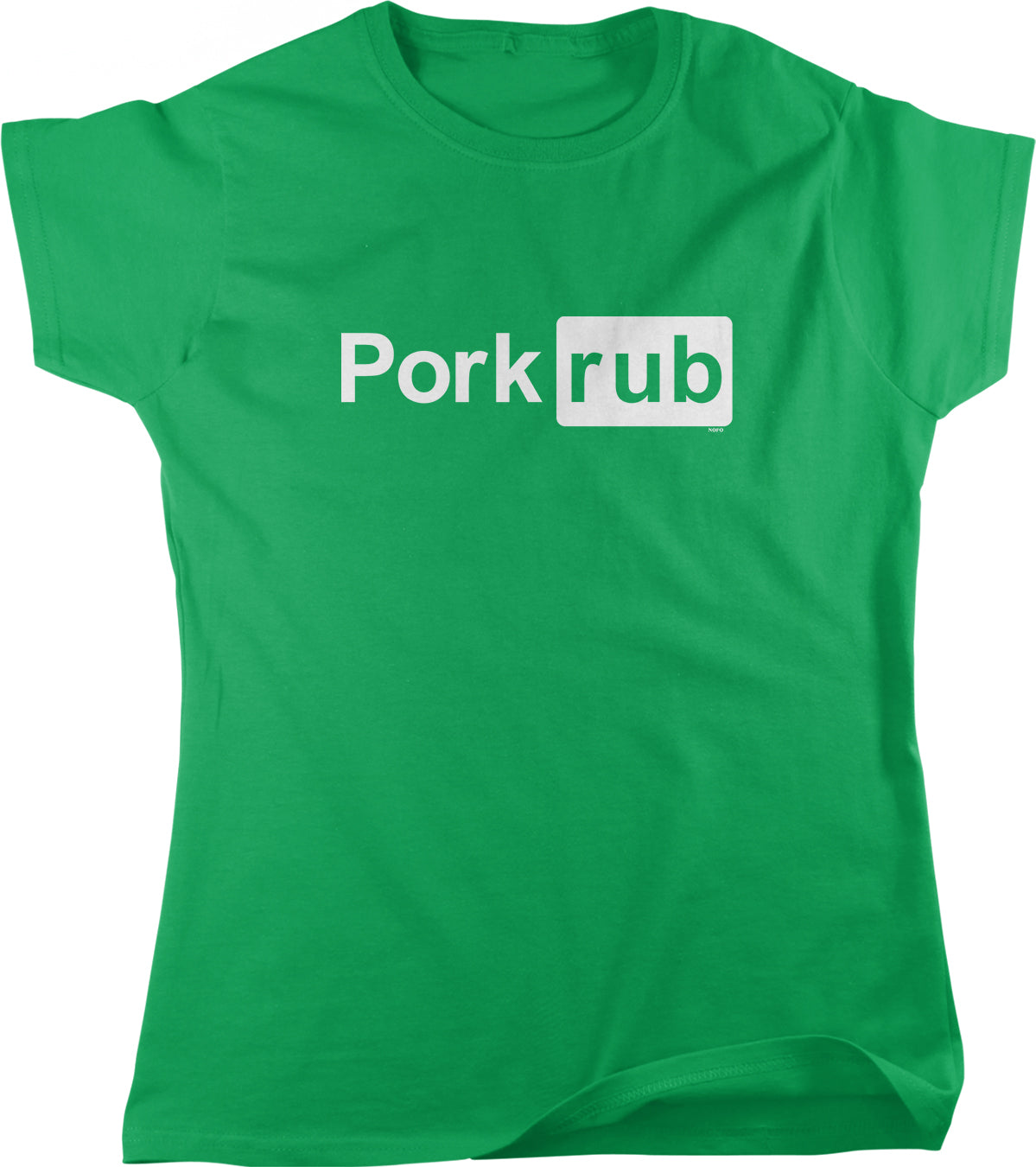 A green t-shirt with the text "Pork rub" printed on it.