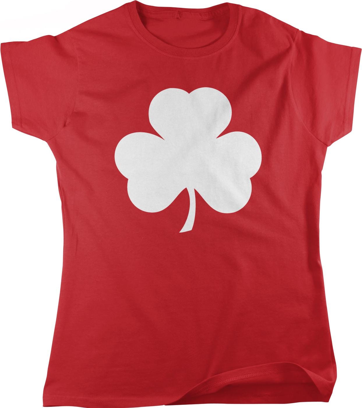 A red t-shirt with a white clover graphic printed on it.