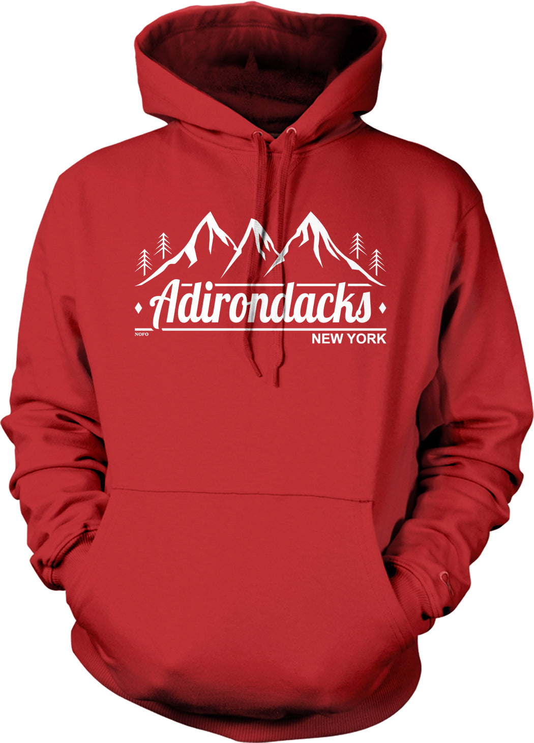 A red hoodie with a graphic design featuring mountains and trees, along with the text "Adirondacks New York".