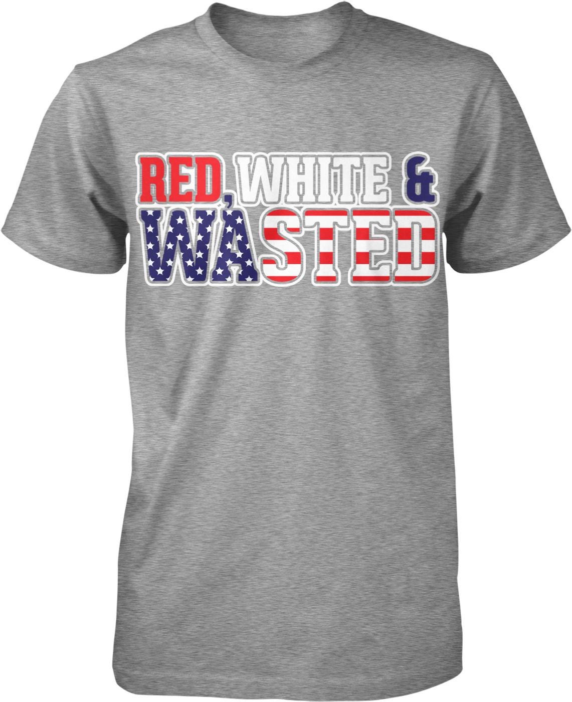 A gray t-shirt with the text "RED, WHITE & WASTEED" printed on it in a patriotic style, referencing the American flag.