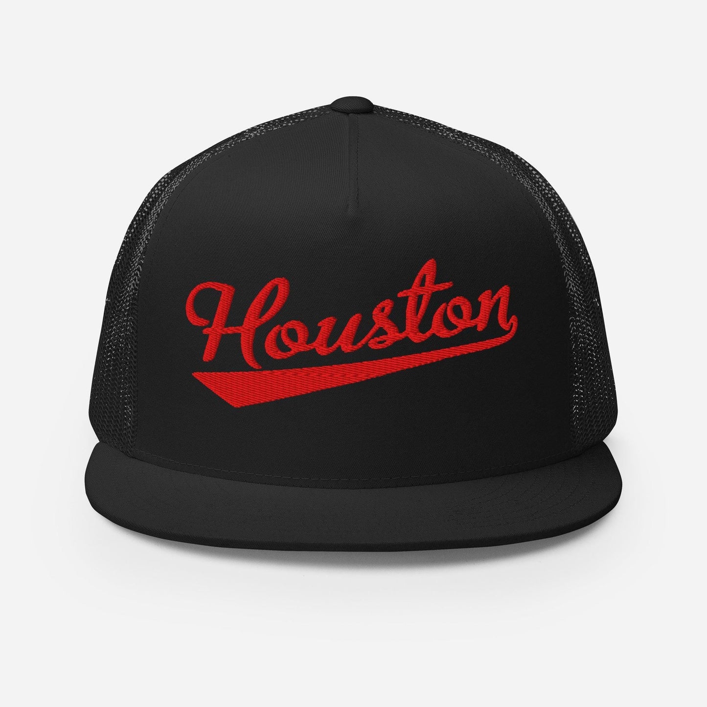 A black baseball cap with the word "Houston" printed in red on it.