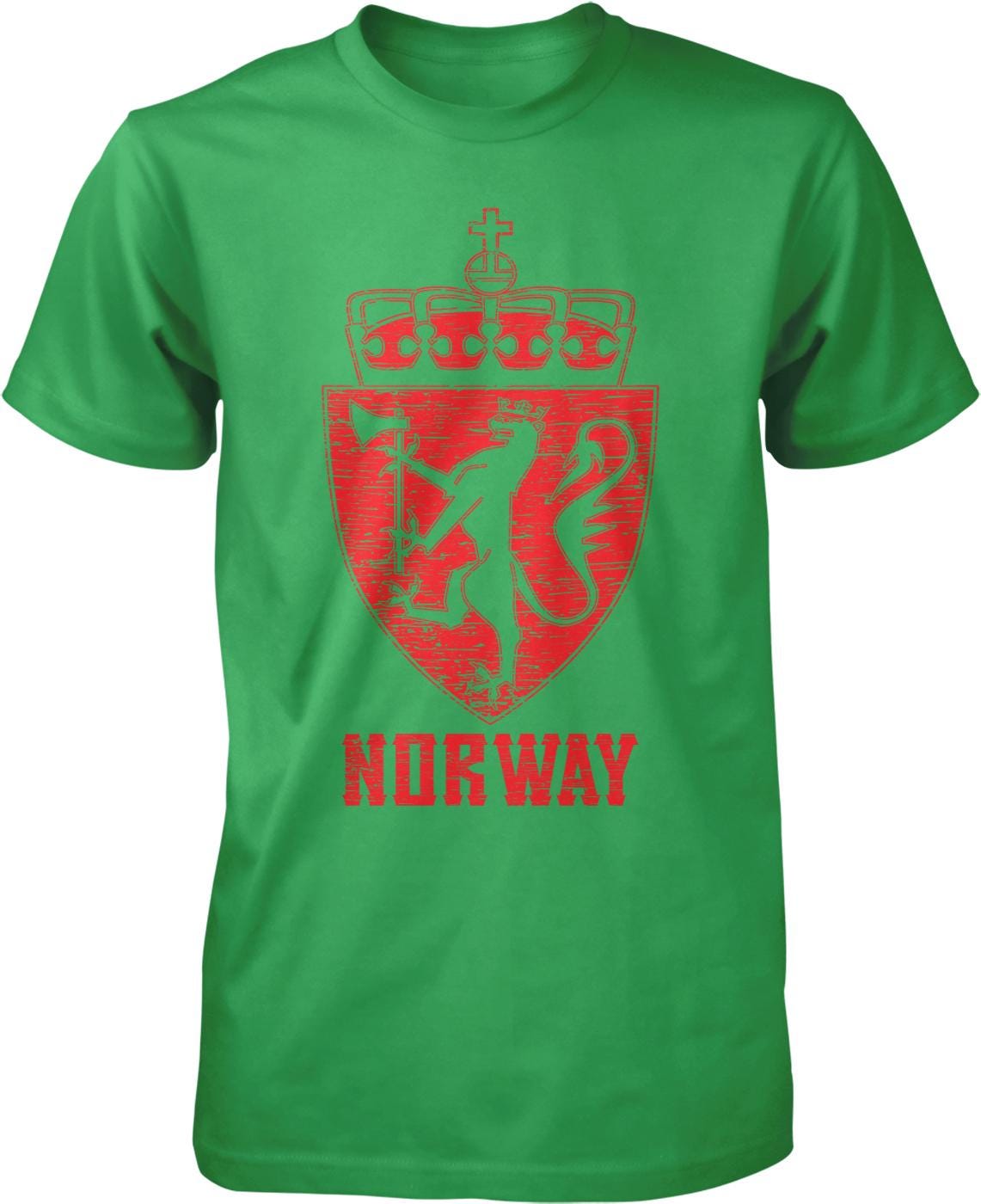 A green t-shirt with a red graphic design depicting a shield with a crown above it, and the text "NORWAY" below the shield.