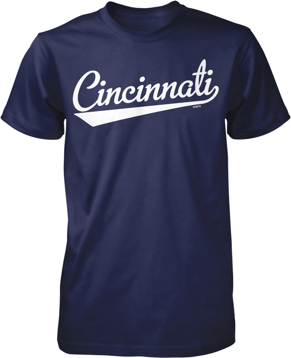 A navy blue t-shirt with the word "Cincinnati" printed in white text across the front.