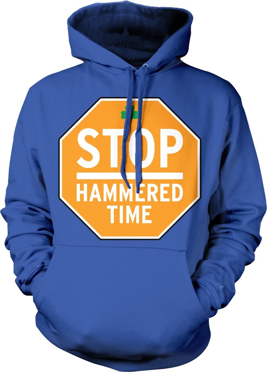 A blue hoodie with an orange stop sign design and the text "STOP HAMMED TIME" printed on it.