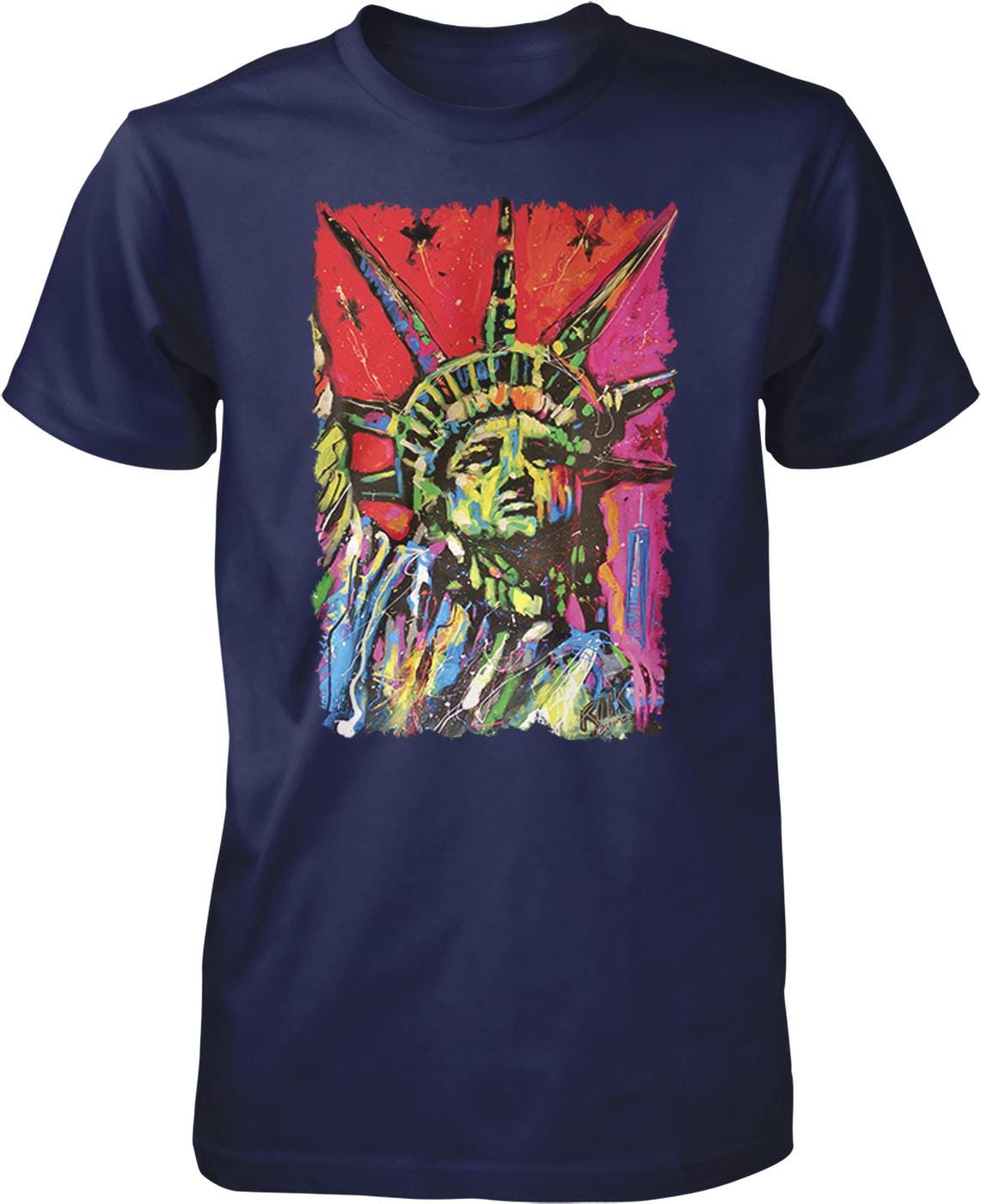 A navy blue t-shirt with a colorful, abstract painting of the Statue of Liberty in the center.