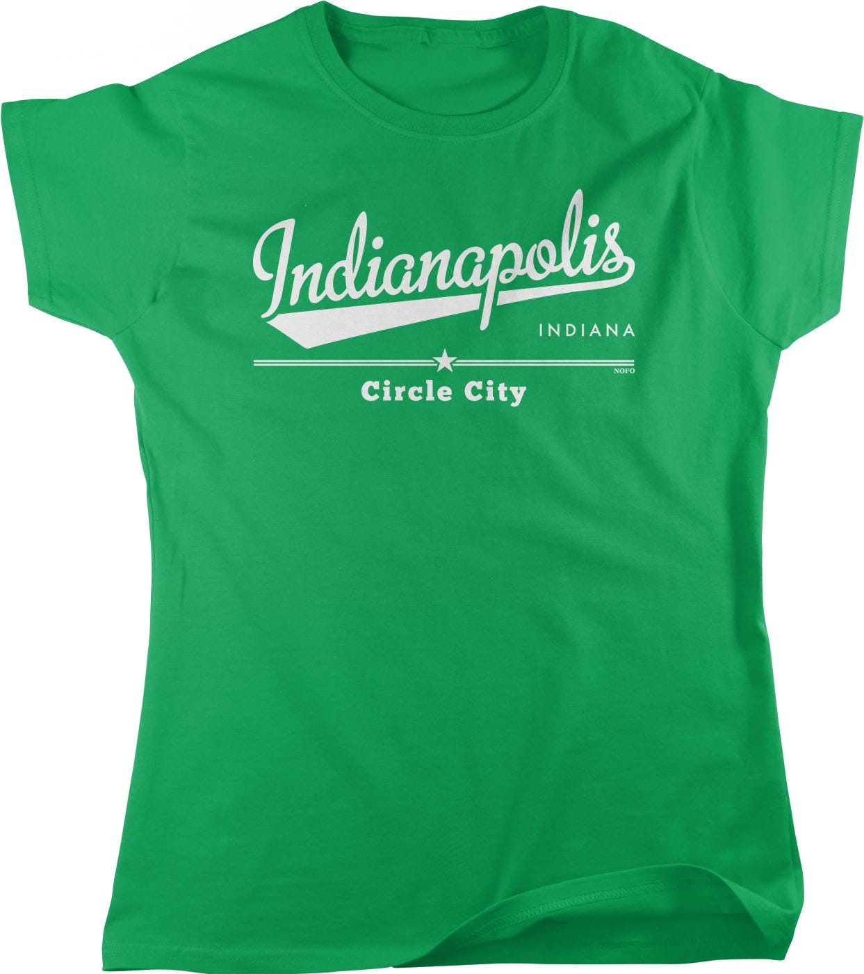 A green t-shirt with white text that says "Indianapolis Indiana Circle City".