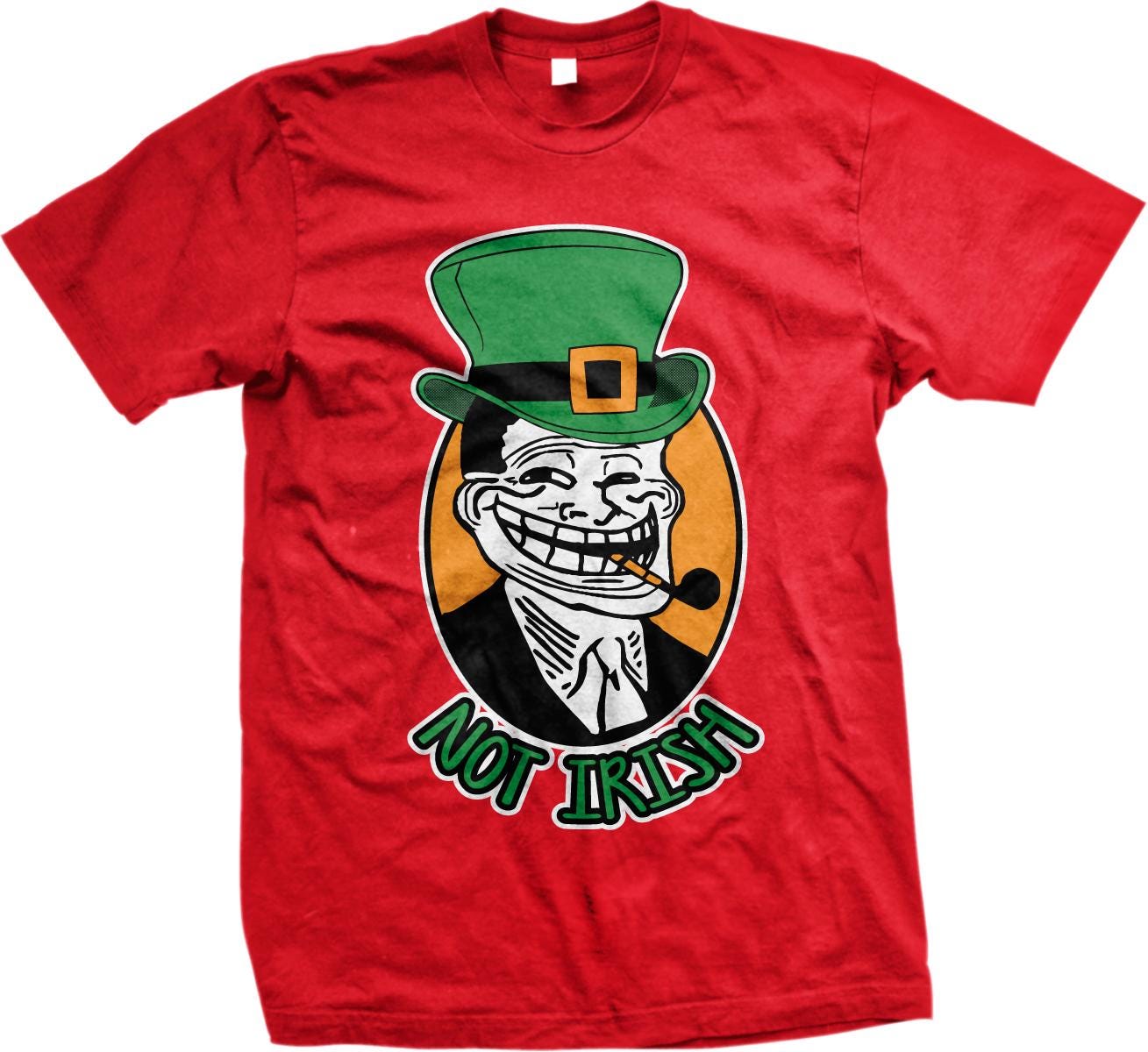 A red t-shirt with a graphic design depicting a smiling, cartoonish figure wearing a green top hat and holding a pipe. The text below the image says &quot;NOT IRISH&quot;.